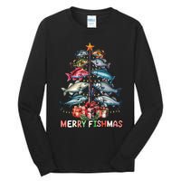 Merry Fishmas Funny Christmas Tree Lights Fishing Rod Fish Tall Long Sleeve T-Shirt