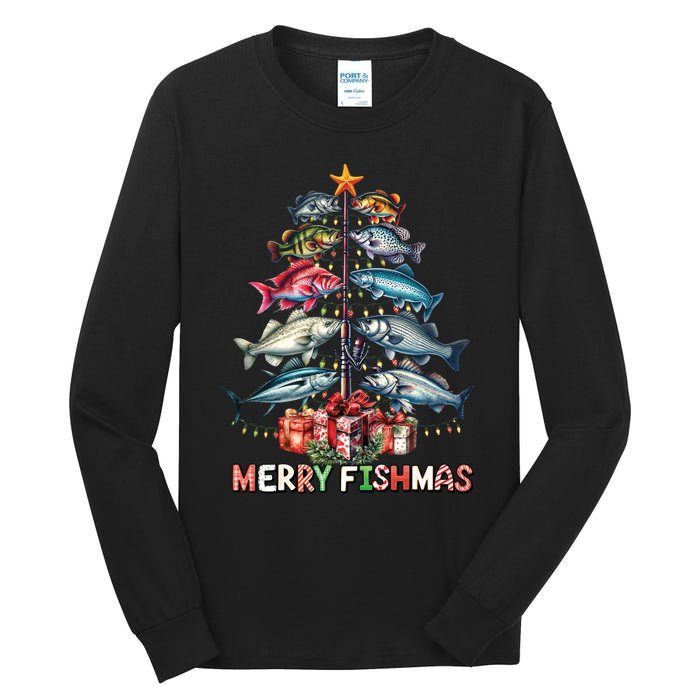 Merry Fishmas Funny Christmas Tree Lights Fishing Rod Fish Tall Long Sleeve T-Shirt