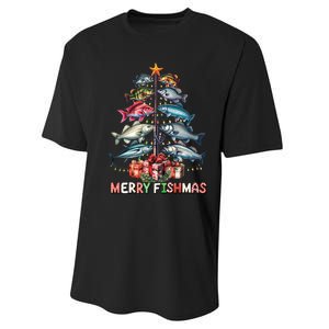 Merry Fishmas Funny Christmas Tree Lights Fishing Rod Fish Performance Sprint T-Shirt