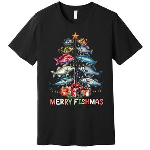 Merry Fishmas Funny Christmas Tree Lights Fishing Rod Fish Premium T-Shirt