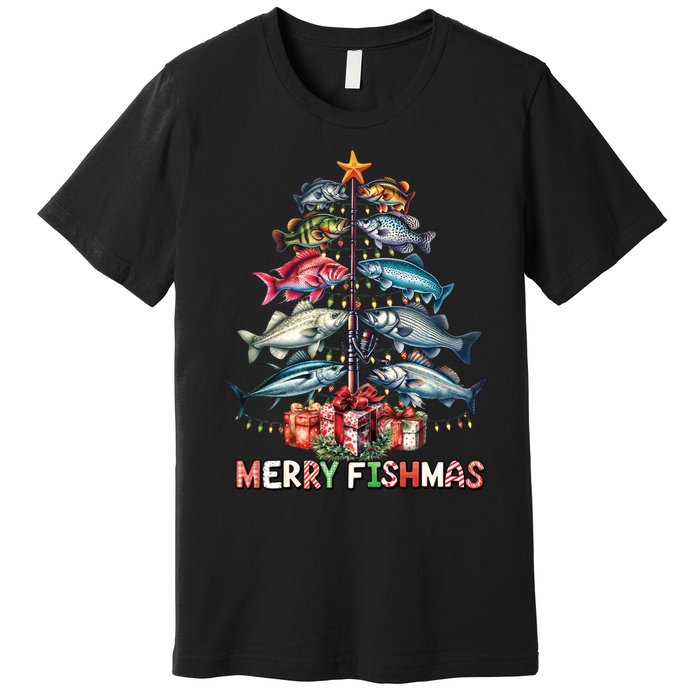 Merry Fishmas Funny Christmas Tree Lights Fishing Rod Fish Premium T-Shirt