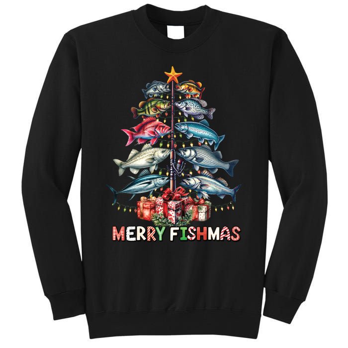 Merry Fishmas Funny Christmas Tree Lights Fishing Rod Fish Tall Sweatshirt