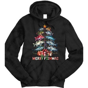 Merry Fishmas Funny Christmas Tree Lights Fishing Rod Fish Tie Dye Hoodie