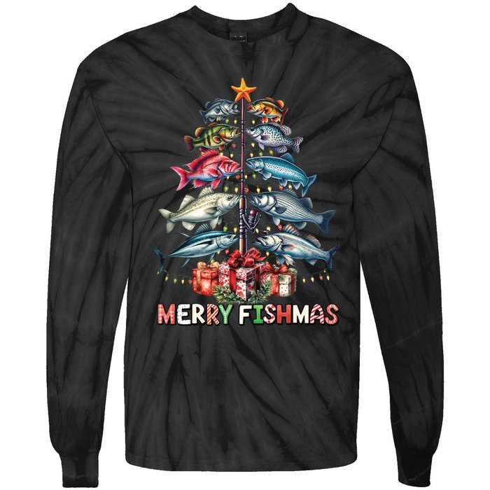 Merry Fishmas Funny Christmas Tree Lights Fishing Rod Fish Tie-Dye Long Sleeve Shirt