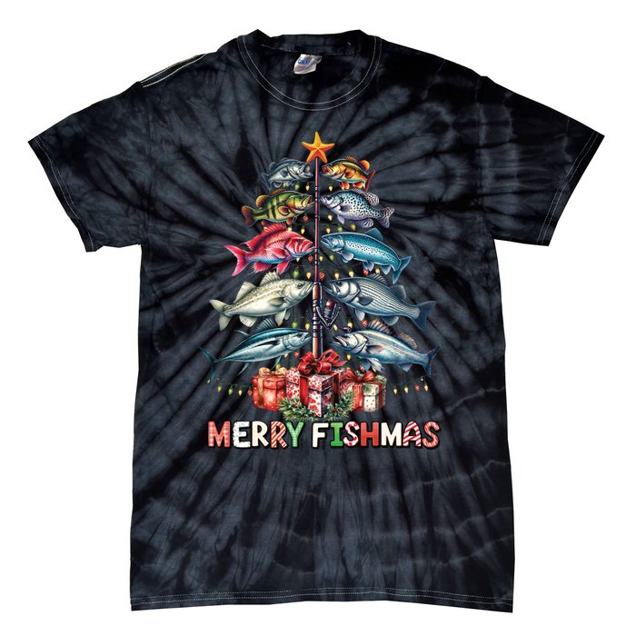 Merry Fishmas Funny Christmas Tree Lights Fishing Rod Fish Tie-Dye T-Shirt