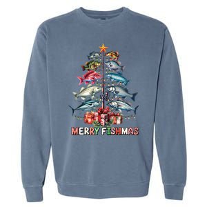 Merry Fishmas Funny Christmas Tree Lights Fishing Rod Fish Garment-Dyed Sweatshirt