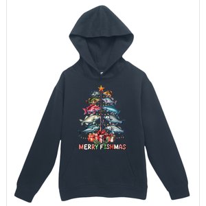 Merry Fishmas Funny Christmas Tree Lights Fishing Rod Fish Urban Pullover Hoodie