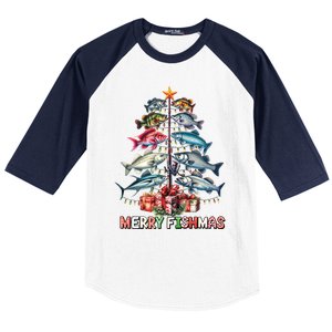 Merry Fishmas Funny Christmas Tree Lights Fishing Rod Fish Baseball Sleeve Shirt