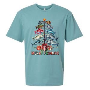 Merry Fishmas Funny Christmas Tree Lights Fishing Rod Fish Sueded Cloud Jersey T-Shirt