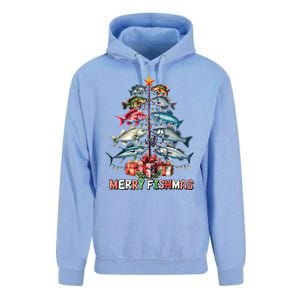 Merry Fishmas Funny Christmas Tree Lights Fishing Rod Fish Unisex Surf Hoodie