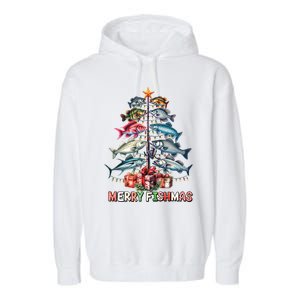 Merry Fishmas Funny Christmas Tree Lights Fishing Rod Fish Garment-Dyed Fleece Hoodie