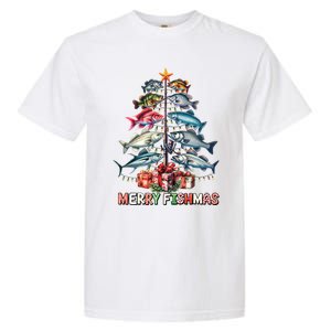 Merry Fishmas Funny Christmas Tree Lights Fishing Rod Fish Garment-Dyed Heavyweight T-Shirt