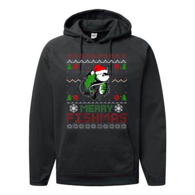 Merry Fishmas Fishing Christmas Ugly Pajama Fisher Performance Fleece Hoodie