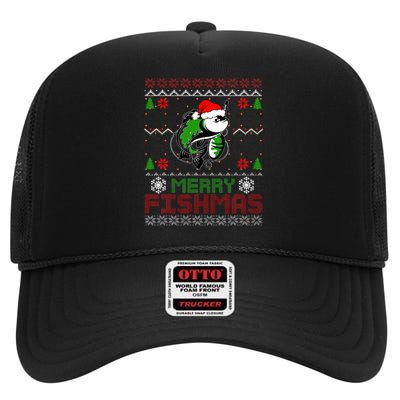 Merry Fishmas Fishing Christmas Ugly Pajama Fisher High Crown Mesh Back Trucker Hat