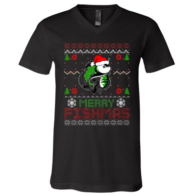 Merry Fishmas Fishing Christmas Ugly Pajama Fisher V-Neck T-Shirt