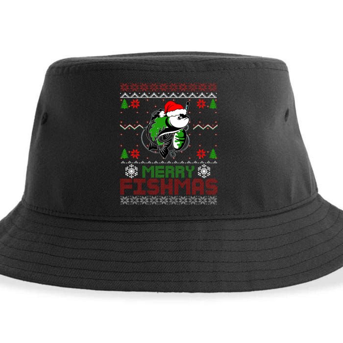 Merry Fishmas Fishing Christmas Ugly Pajama Fisher Sustainable Bucket Hat