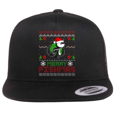 Merry Fishmas Fishing Christmas Ugly Pajama Fisher Flat Bill Trucker Hat