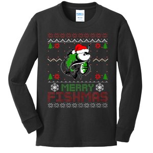 Merry Fishmas Fishing Christmas Ugly Pajama Fisher Kids Long Sleeve Shirt