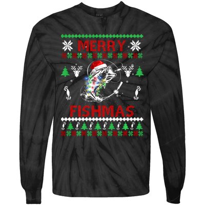 Merry Fishmas Fishing Christmas Ugly Pajama Fishers Tie-Dye Long Sleeve Shirt