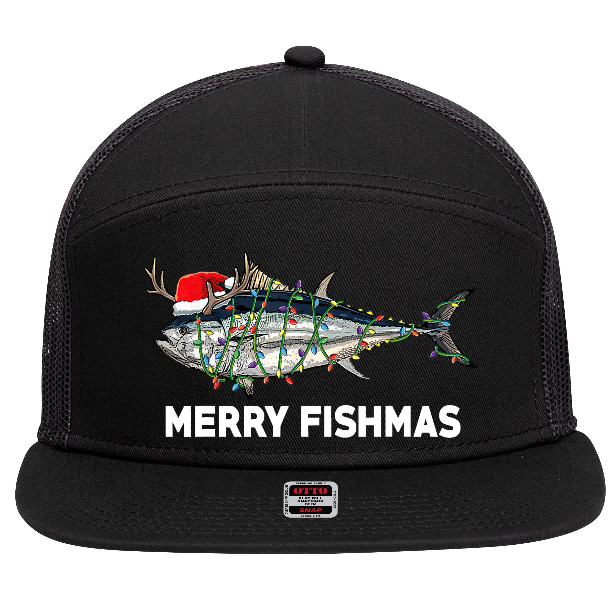 Merry Fishmas Funny Fish Fishing Fisherman Christmas Xmas 7 Panel Mesh Trucker Snapback Hat