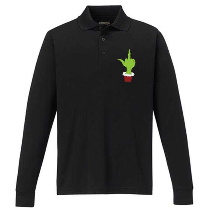 Middle Finger Funny Holiday Performance Long Sleeve Polo