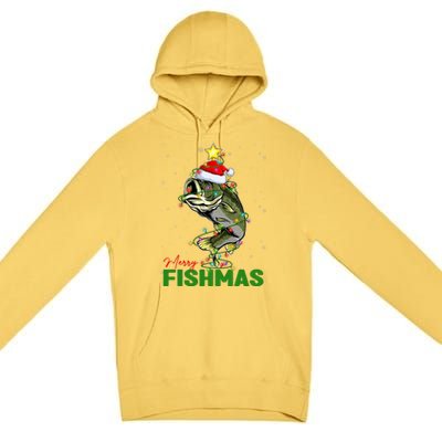 Merry Fishmas Fish Santa Claus Hat & Christmas Tree Lights Premium Pullover Hoodie