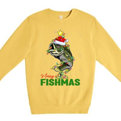 Merry Fishmas Fish Santa Claus Hat & Christmas Tree Lights Premium Crewneck Sweatshirt