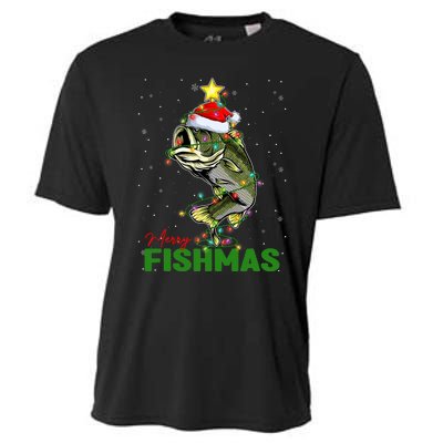 Merry Fishmas Fish Santa Claus Hat & Christmas Tree Lights Cooling Performance Crew T-Shirt