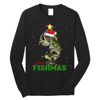 Merry Fishmas Fish Santa Claus Hat & Christmas Tree Lights Long Sleeve Shirt