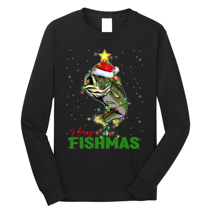 Merry Fishmas Fish Santa Claus Hat & Christmas Tree Lights Long Sleeve Shirt