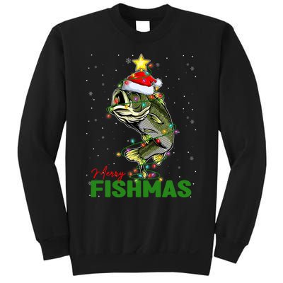 Merry Fishmas Fish Santa Claus Hat & Christmas Tree Lights Sweatshirt