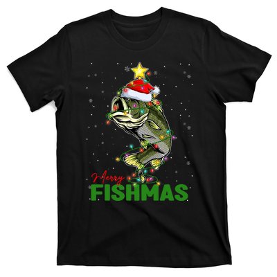 Merry Fishmas Fish Santa Claus Hat & Christmas Tree Lights T-Shirt