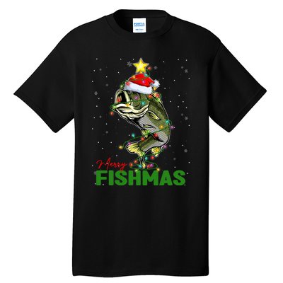 Merry Fishmas Fish Santa Claus Hat & Christmas Tree Lights Tall T-Shirt