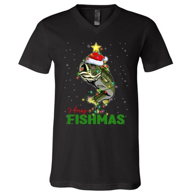 Merry Fishmas Fish Santa Claus Hat & Christmas Tree Lights V-Neck T-Shirt