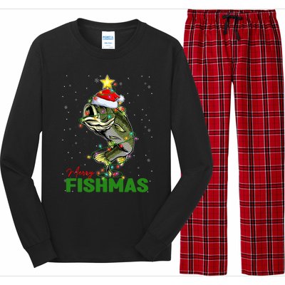 Merry Fishmas Fish Santa Claus Hat & Christmas Tree Lights Long Sleeve Pajama Set