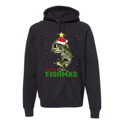 Merry Fishmas Fish Santa Claus Hat & Christmas Tree Lights Premium Hoodie