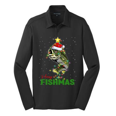 Merry Fishmas Fish Santa Claus Hat & Christmas Tree Lights Silk Touch Performance Long Sleeve Polo