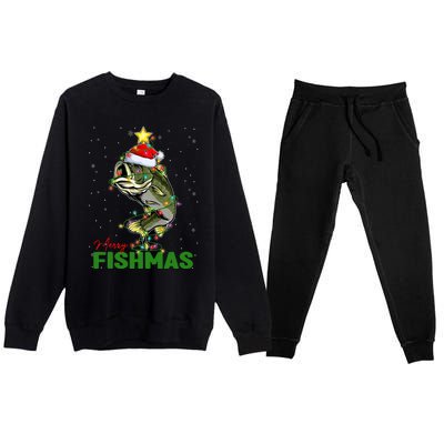 Merry Fishmas Fish Santa Claus Hat & Christmas Tree Lights Premium Crewneck Sweatsuit Set