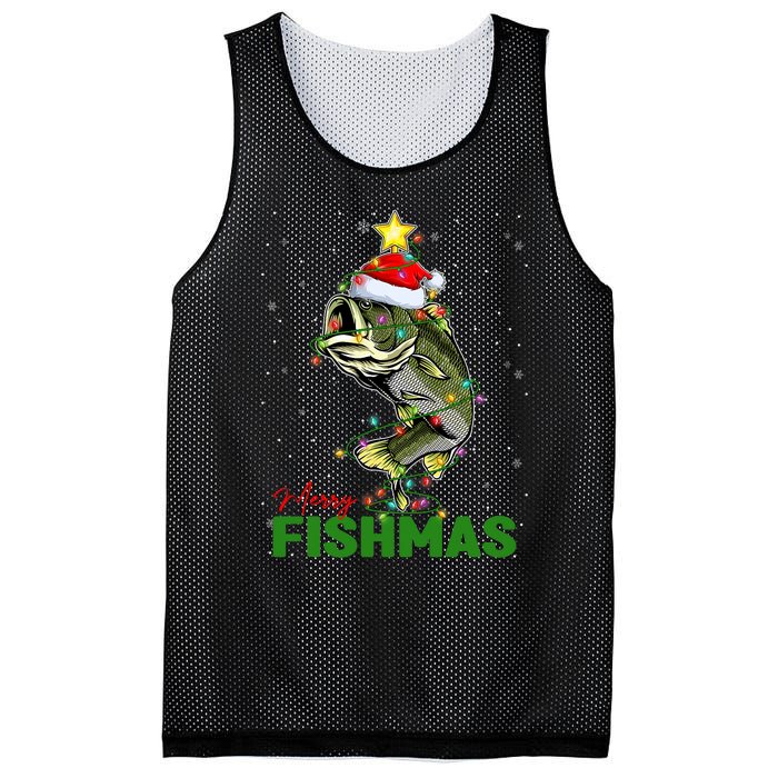 Merry Fishmas Fish Santa Claus Hat & Christmas Tree Lights Mesh Reversible Basketball Jersey Tank