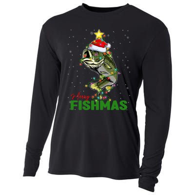 Merry Fishmas Fish Santa Claus Hat & Christmas Tree Lights Cooling Performance Long Sleeve Crew