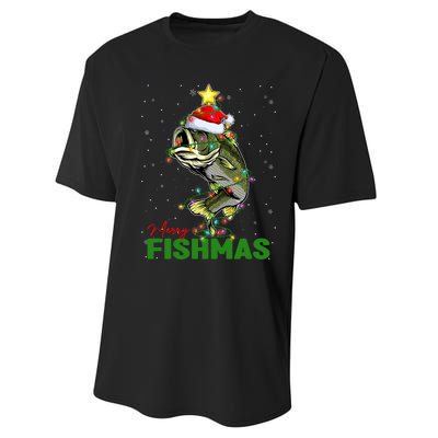 Merry Fishmas Fish Santa Claus Hat & Christmas Tree Lights Performance Sprint T-Shirt