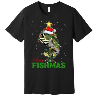 Merry Fishmas Fish Santa Claus Hat & Christmas Tree Lights Premium T-Shirt