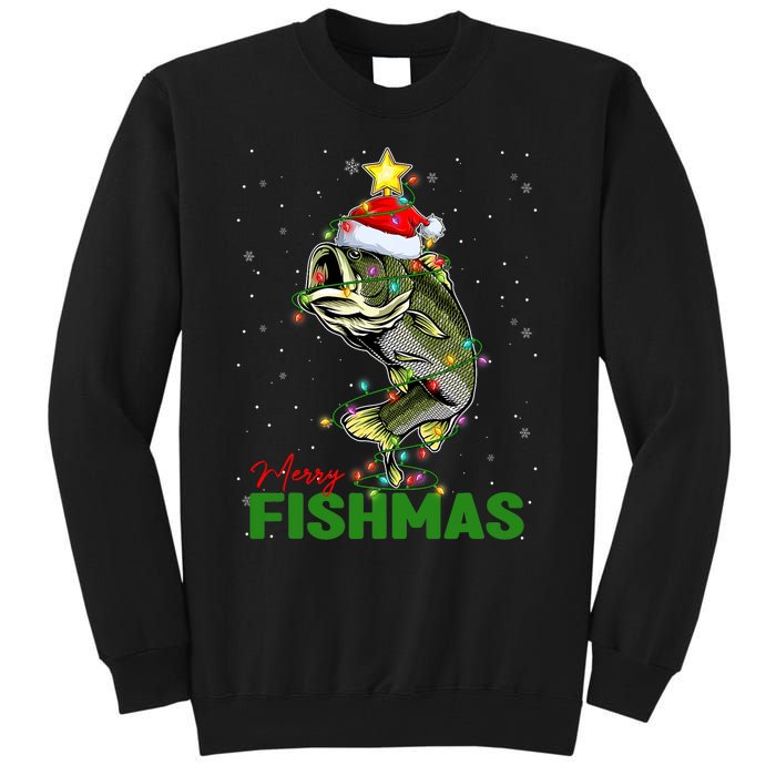 Merry Fishmas Fish Santa Claus Hat & Christmas Tree Lights Tall Sweatshirt