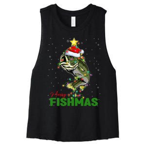 Merry Fishmas Fish Santa Claus Hat & Christmas Tree Lights Women's Racerback Cropped Tank