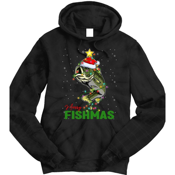 Merry Fishmas Fish Santa Claus Hat & Christmas Tree Lights Tie Dye Hoodie