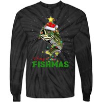 Merry Fishmas Fish Santa Claus Hat & Christmas Tree Lights Tie-Dye Long Sleeve Shirt