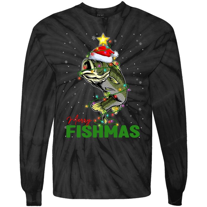 Merry Fishmas Fish Santa Claus Hat & Christmas Tree Lights Tie-Dye Long Sleeve Shirt