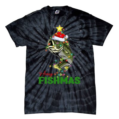 Merry Fishmas Fish Santa Claus Hat & Christmas Tree Lights Tie-Dye T-Shirt