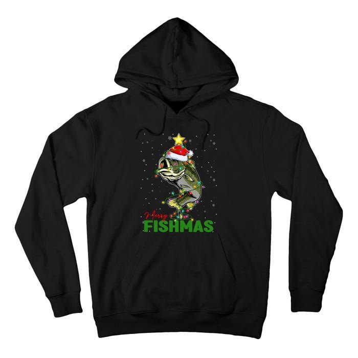 Merry Fishmas Fish Santa Claus Hat & Christmas Tree Lights Tall Hoodie