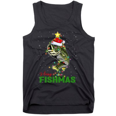 Merry Fishmas Fish Santa Claus Hat & Christmas Tree Lights Tank Top